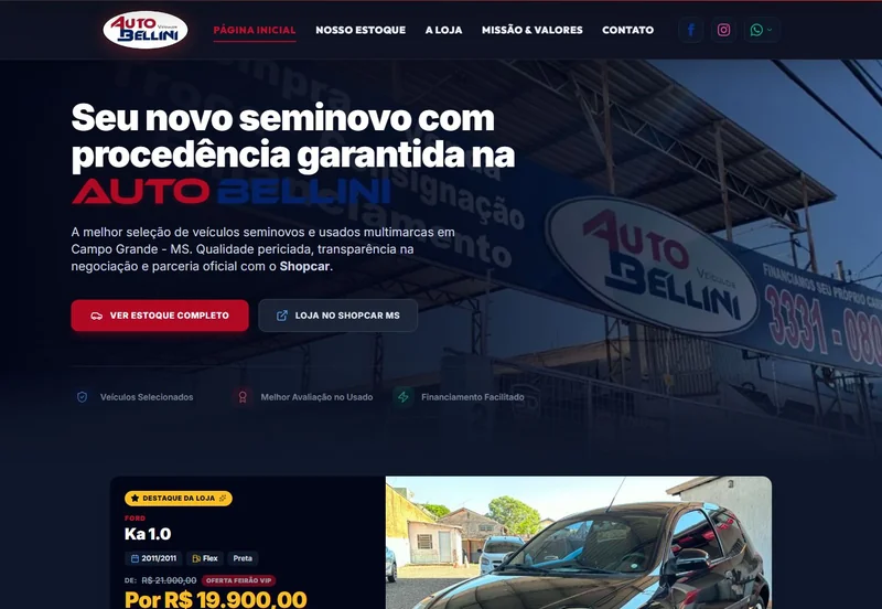 Página inicial da Auto Bellini com apresentação da loja e veículo em destaque